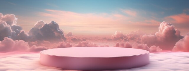 Background podium pink 3d product sky platform display cloud pastel scene render stand. Pink podium stage minimal abstract background beauty dreamy space studio pedestal smoke showcase geometric white - obrazy, fototapety, plakaty