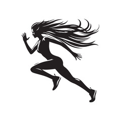 Dynamic Female Runner: Black and White Silhouette Illustration of a Woman in Full Stride, Portraying Strength and Determination