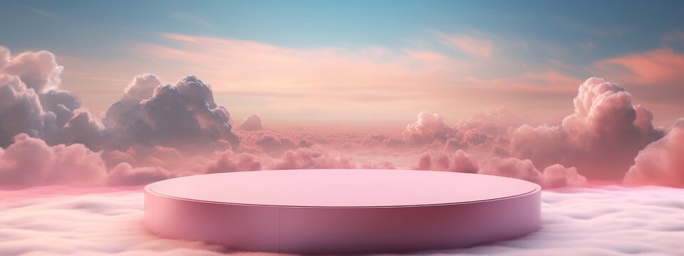 Background Podium Pink 3d Product Sky Platform Display Cloud Pastel Scene Render Stand. Pink Podium Stage Minimal Abstract Background Beauty Dreamy Space Studio Pedestal Smoke Showcase Geometric White