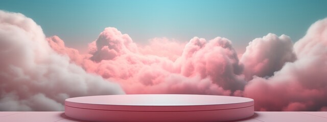 Background podium pink 3d product sky platform display cloud pastel scene render stand. Pink podium stage minimal abstract background beauty dreamy space studio pedestal smoke showcase geometric white