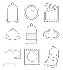 Different condoms. Coloring Page. Contraception and birth control methods concept. Safe sex. Hand drawn style. Vector drawing. Collection of design elements.