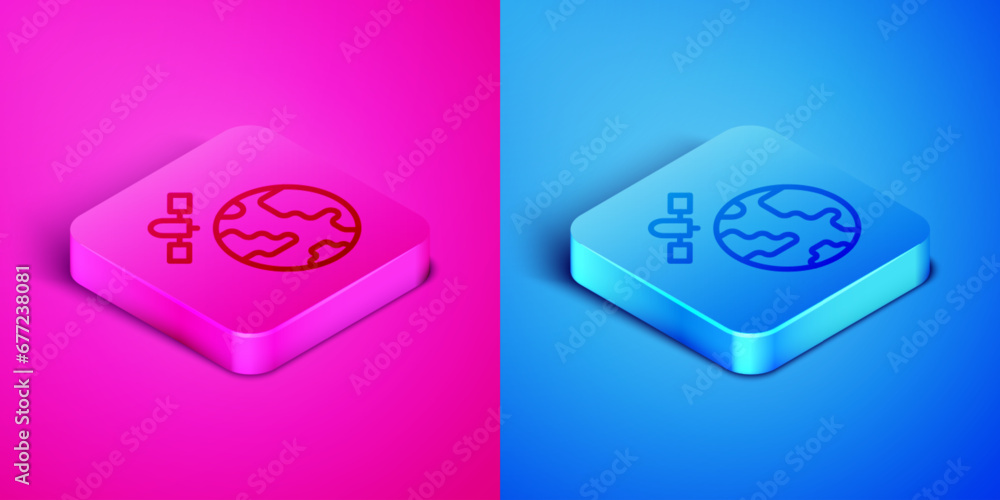 Poster isometric line artificial satellites orbiting the planet earth in outer space icon isolated on pink 
