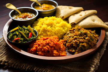Traditional ethiopian cuisine food served on the table. National cuisine - obrazy, fototapety, plakaty