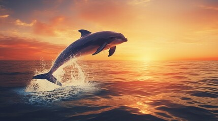 At sunset, a beautiful dolphin leaps from the ocean to the Sun. Dolphin against an orange backdrop A wild dolphin leaps.