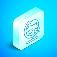 Isometric line Earth globe icon isolated on blue background. Silver square button. Vector