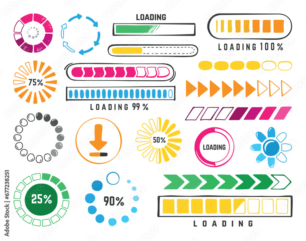 Poster doodle loading bars, update and internet load bar. isolated status of progress, download and speed h