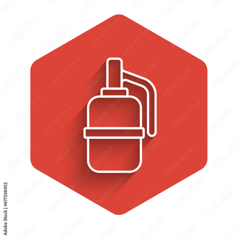Aufkleber white line hand grenade icon isolated with long shadow. bomb explosion. red hexagon button. vector
