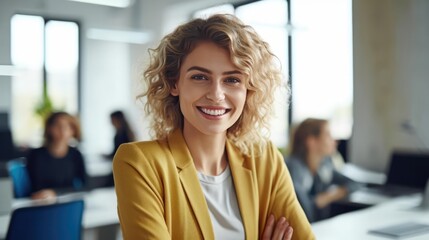 Photo of beautiful happy woman looking at camera while sitting at office - Powered by Adobe