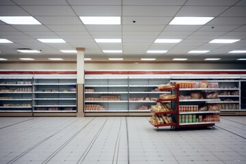 A poignant depiction of a forsaken grocery store, where empty shelves and remnants of once-vibrant commerce now rest in silent solitude, bearing witness to a bygone era.