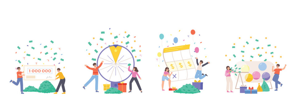 Lottery winners scenes. Happy lucky people with fortune wheel, happy ticket and money prize. Gambling games win, victory snugly vector concept