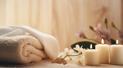 Obraz na płótnie Canvas Beautiful spa treatment composition such as Towels, candles, essential oils, Massage Stones on light wooden background. blur living room, natural creams and moisturizing Healthy lifestyle, body care