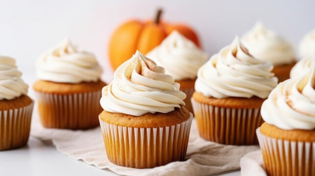 Pumpkin cupcakes on a white table topped with cream cheese frosting and dusted with cinnamon 