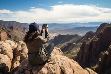 Woman standing on an edge of canyon taking photo - obrazy, fototapety, plakaty