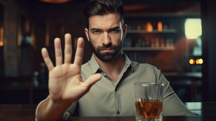Obraz premium man smile and refuses say no and avoid to drink an alcohol whiskey , stopping hand sign male, alcoholism treatment, alcohol addiction, quit booze, Stop Drinking Alcohol. Refuse Glass liquor