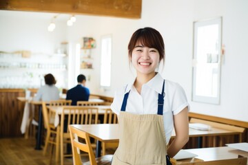 Obraz premium Asian woman wearing apron at a cafe working