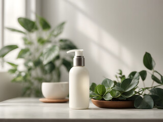 A white bottle of lotion stands on the table next to the plant. The concept of natural beauty and sustainability.