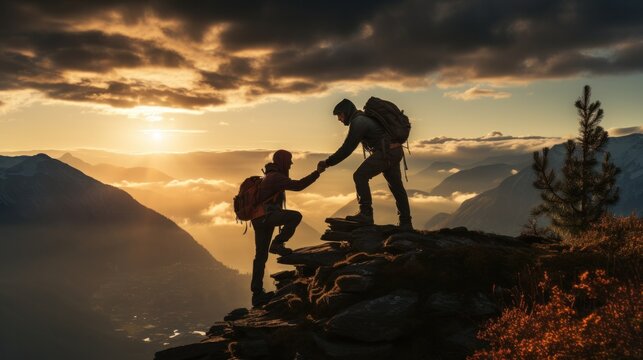 silhouette photo, Teamwork with man helping friend reach the mountain top, Business team, Goal, AIM, Successม  freedom, motivation, leader.