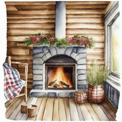 Cabin coziness, Wooden walls, plaid accents, and a stone fireplace for rustic charm.