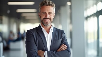 portrait of successful senior businessman consultant looking at camera and smiling inside modern office building