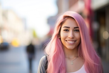 Obraz premium Young woman with pink dyed hair smile happy face portrait on city street