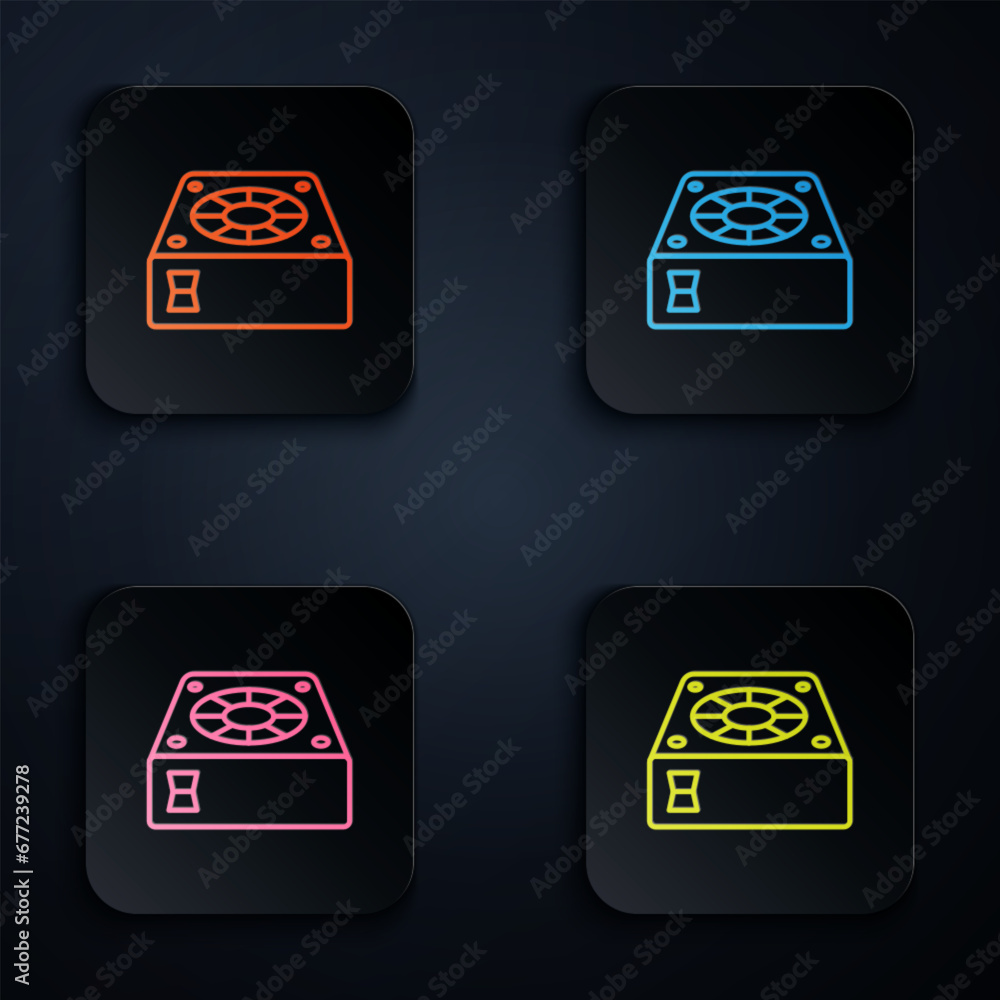 Poster color neon line computer cooler icon isolated on black background. pc hardware fan. set icons in squ