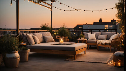 The benefits of having a rooftop patio with a lounging area and hanging chair are made more comfortable and inviting with the use of string lights - obrazy, fototapety, plakaty