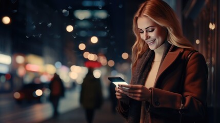 Woman texting instant messaging text on mobile phone online at night - bright light from screen illuminating young Asian girl in London city background banner panorama. - obrazy, fototapety, plakaty