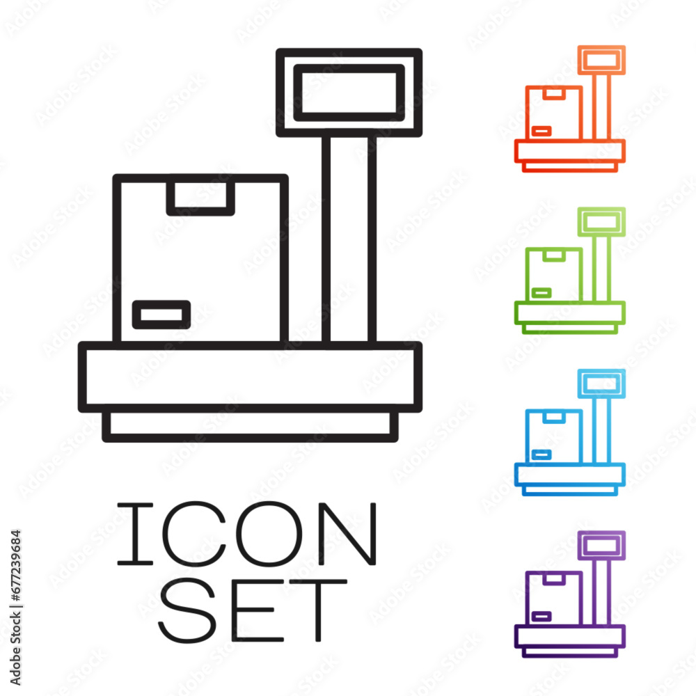 Poster black line scale with cardboard box icon isolated on white background. logistic and delivery. weight