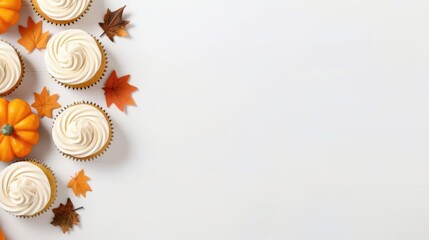 Pumpkin spice cupcakes with icing on white table flat lay with copyspace top view fall food Thanksgiving cooking banner - obrazy, fototapety, plakaty