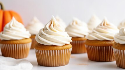Pumpkin cupcakes on a white table topped with cream cheese frosting and dusted with cinnamon 