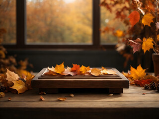 Wooden Podium in an Autumn Forest: A Natural and Organic Way to Display Your Products