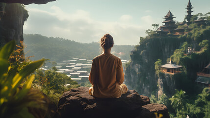 A fit woman sitting on a rock cliff and meditating in a beautiful mountainous surrounding near buddhist temple