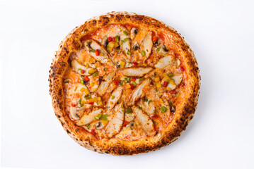 pizza with chicken breast, mushrooms and vegetables on a white background