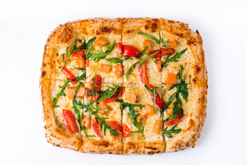 pizza with salmon, cherry tomatoes and arugula on a white background