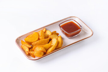 potato slices with tomato sauce on a white background