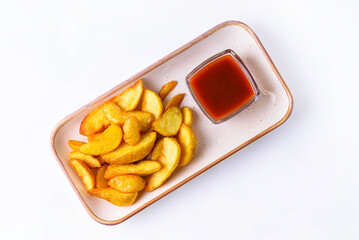 potato slices with tomato sauce on a white background