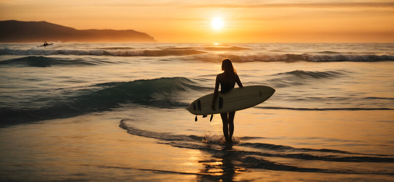 The beauty of surfing like a pro at sunset: a surfing girl experience for your enjoyment, health and well-being A fun and relaxing water sport