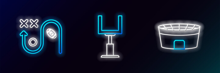 Set line Football stadium, Planning strategy concept and American football goal post icon. Glowing neon. Vector