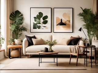 Mockup poster frame on the wall of living room. Luxurious apartment background with contemporary design. wooden sideboard, white sofa, green stand, base with leaves, plants, and stylish lamp