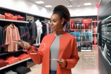 An elegant woman, dressed in a striking red blazer, immerses herself in the world of fashion through augmented reality, redefining the retail experience.