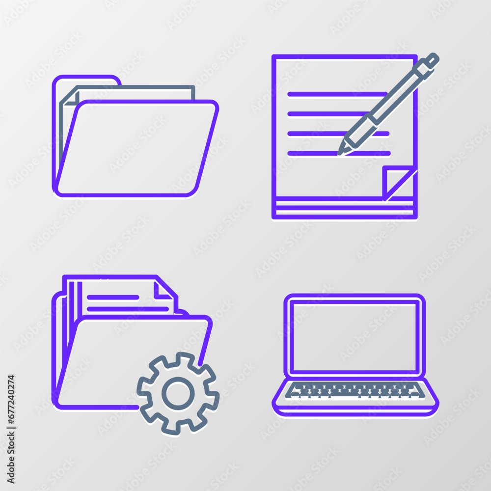 Poster set line laptop, folder settings with gears, blank notebook and pen and document folder icon. vector
