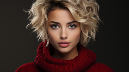 Fototapeta premium Young woman wearing a red sweater gazing into the camera.