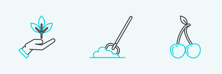Set line Cherry, Plant in hand of environmental protection and Shovel the ground icon. Vector