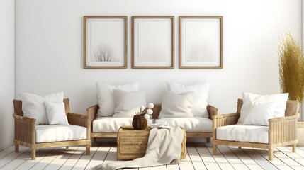 Fototapeta na wymiar Frame mockup in modern interior room, living room gallery wall mockup, poster mockup, 3d render, cozy armchairs with plaid