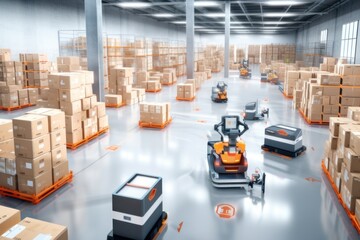 Explore a world of logistics efficiency as autonomous robots navigate a futuristic warehouse, seamlessly managing packages in a symphony of automation