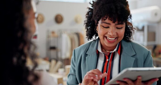Business women, high five and tablet for startup success, e commerce sales and profit, bonus or fashion designer goals. African seller with achievement, teamwork and target for online shop courier