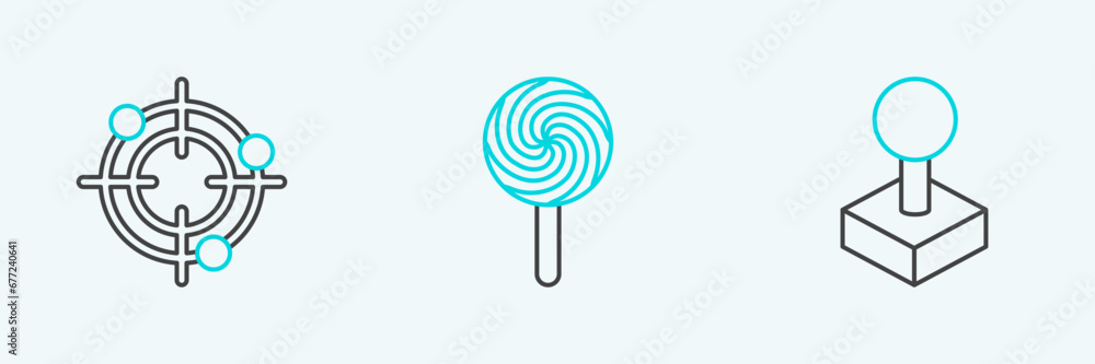 Poster Set line Joystick for arcade machine, Target sport shooting competition and Lollipop icon. Vector