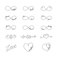 Love set, infinities and lettering. Valentines day. Heart continuous line drawing, small mini tattoo, print for clothes and logo design, isolated vector illustration.