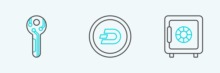 Set line Safe, Cryptocurrency key and coin Dash icon. Vector