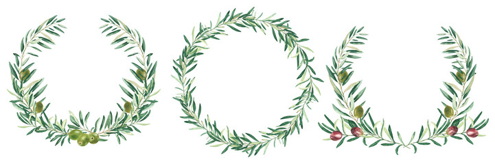 Watercolor olive wreaths. Circle frames, borders green and red fruits. Isolated on white background. Hand drawn botanical illustration. Can be used for cards, emblem and food design.